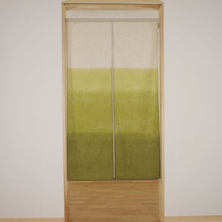 Japanese noren curtain 85 x 150cm, made in Japan, Danbokashi pattern, green color hand printed on linen-trimmed fabric.