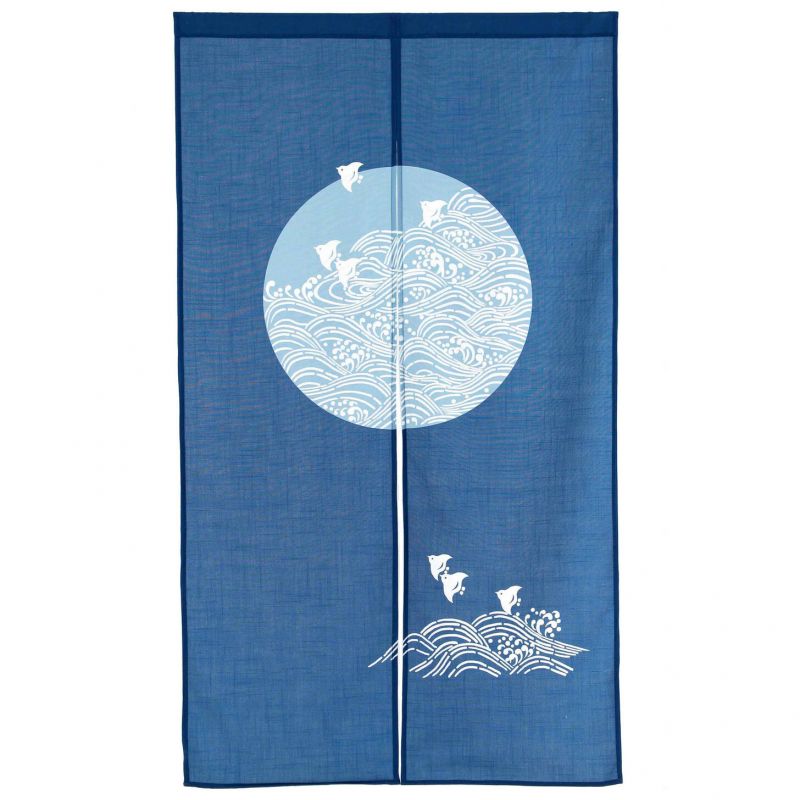 Japanese noren curtain blue, polyester, 85 x 150 cm, waves and birds, NAMI CHIDORI