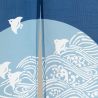 Japanese noren curtain blue, polyester, 85 x 150 cm, waves and birds, NAMI CHIDORI