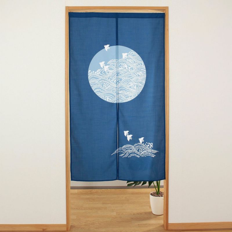 Japanese noren curtain blue, polyester, 85 x 150 cm, waves and birds, NAMI CHIDORI