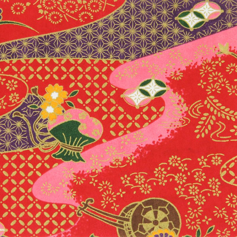 grande feuille papier japonais, YUZEN WASHI, rouge, Carrosse de fleurs et brume précieuse