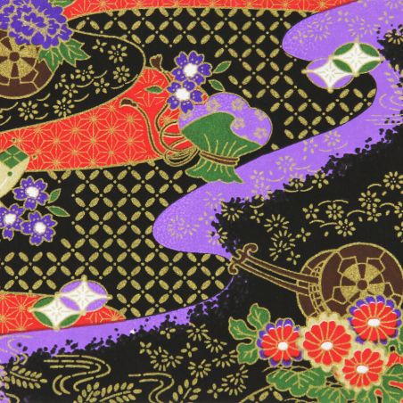 grande feuille papier japonais, YUZEN WASHI, noir, Carrosse de fleurs et brume précieuse