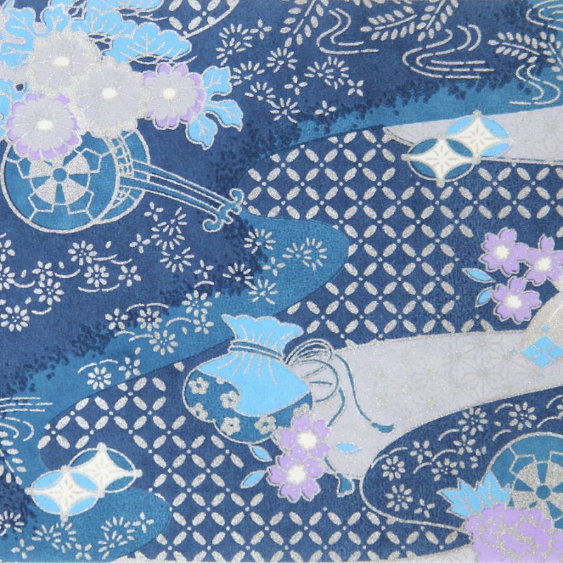 hoja grande de papel japonés, YUZEN WASHI, azul, Carro de flores y niebla preciosa