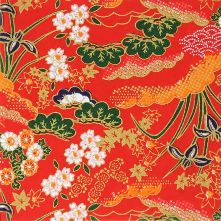 hoja grande de papel japonés, YUZEN WASHI, rojo, estampado Hanayose