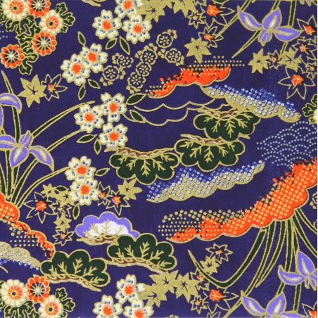 hoja grande de papel japonés, YUZEN WASHI, azul, estampado Hanayose