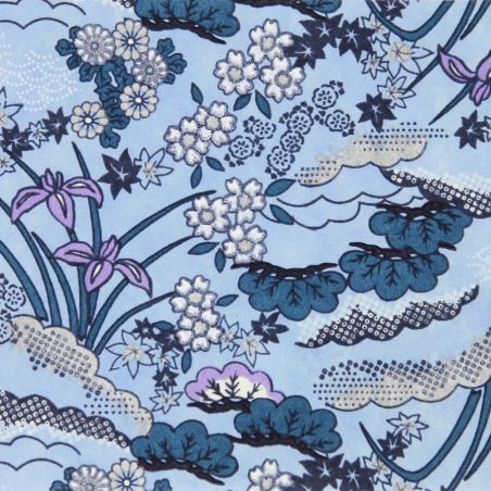 grande feuille papier japonais, YUZEN WASHI, bleu, motif Hanayose