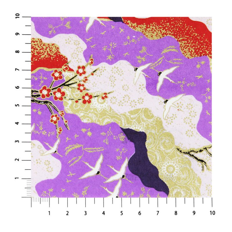 large sheet of Japanese paper, YUZEN WASHI, purple, crane and red and white plum blossom pattern