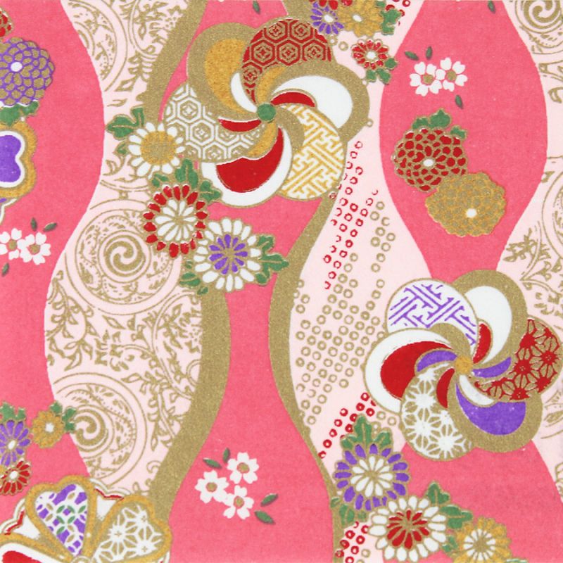 hoja grande de papel japonés, YUZEN WASHI, rosa, estampado Tachiwaku y Hana Zasshi