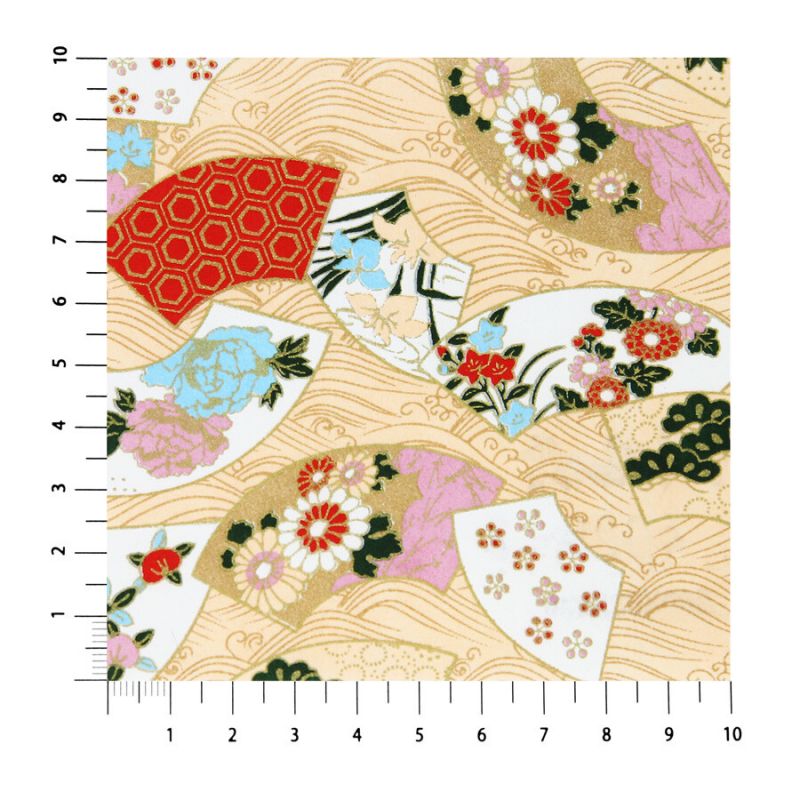 large sheet of Japanese paper, YUZEN WASHI, beige, Flower on the wave pattern, four seasons fan