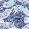 grande feuille papier japonais, YUZEN WASHI, bleu, motif Fleur sur la vague, éventail des quatre saisons