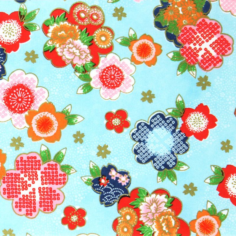 grande feuille papier japonais, YUZEN WASHI, bleu, Motif de fleurs classique