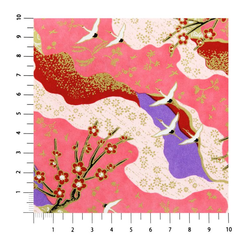 hoja grande de papel japonés, YUZEN WASHI, rosa, estampado de grullas y flores de ciruelo rojas y blancas