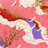 large sheet of Japanese paper, YUZEN WASHI, pink, crane and red and white plum blossom pattern