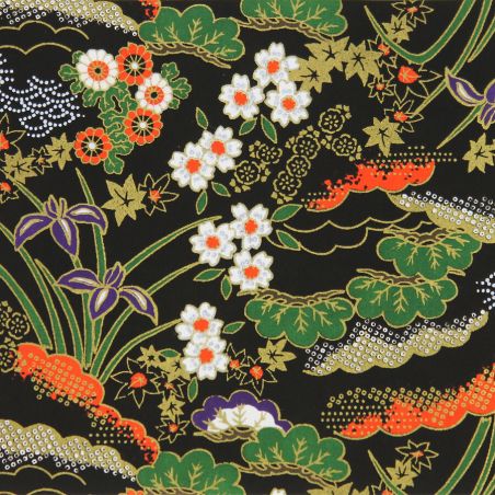 hoja grande de papel japonés, YUZEN WASHI, negro, diseño Hanayose