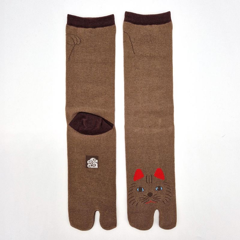 Chaussettes japonaises tabi, NEKO, chat, marron, 25-28cm