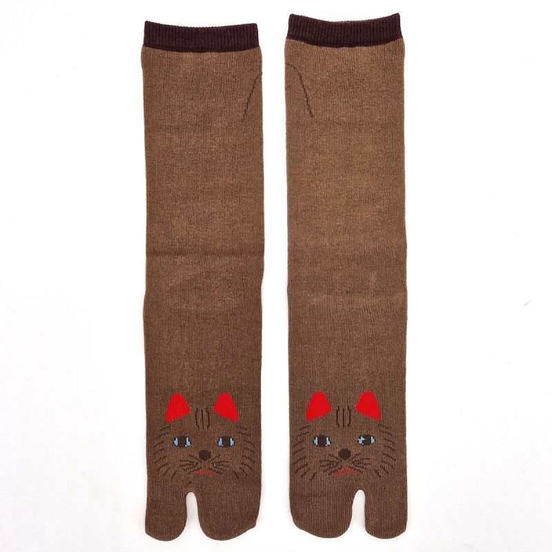 Chaussettes japonaises tabi, NEKO, chat, marron, 25-28cm