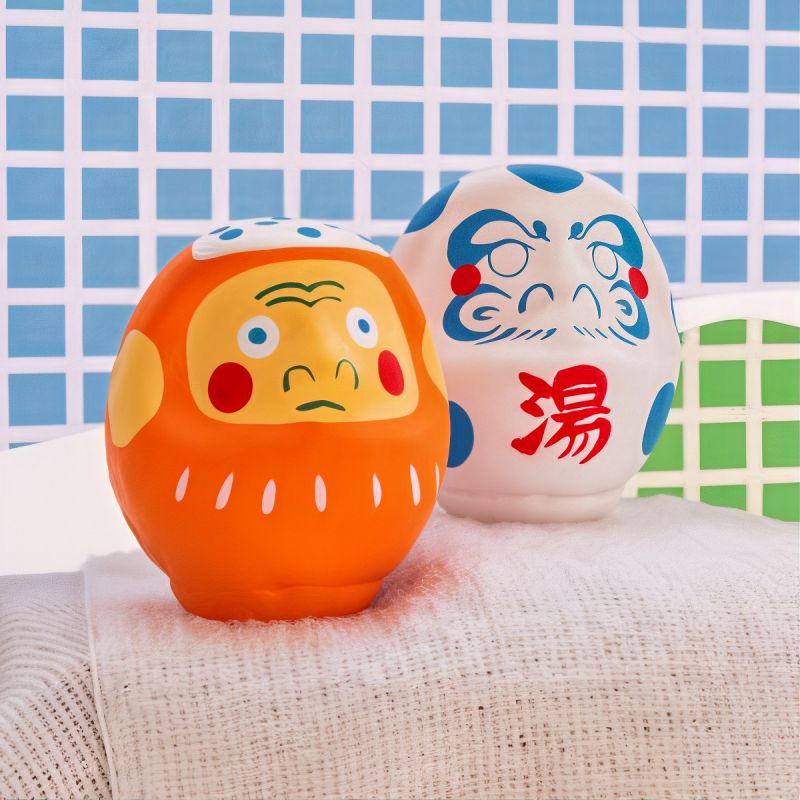 Japanese doll, DARUMA in hot springs, blue and white, Onsen