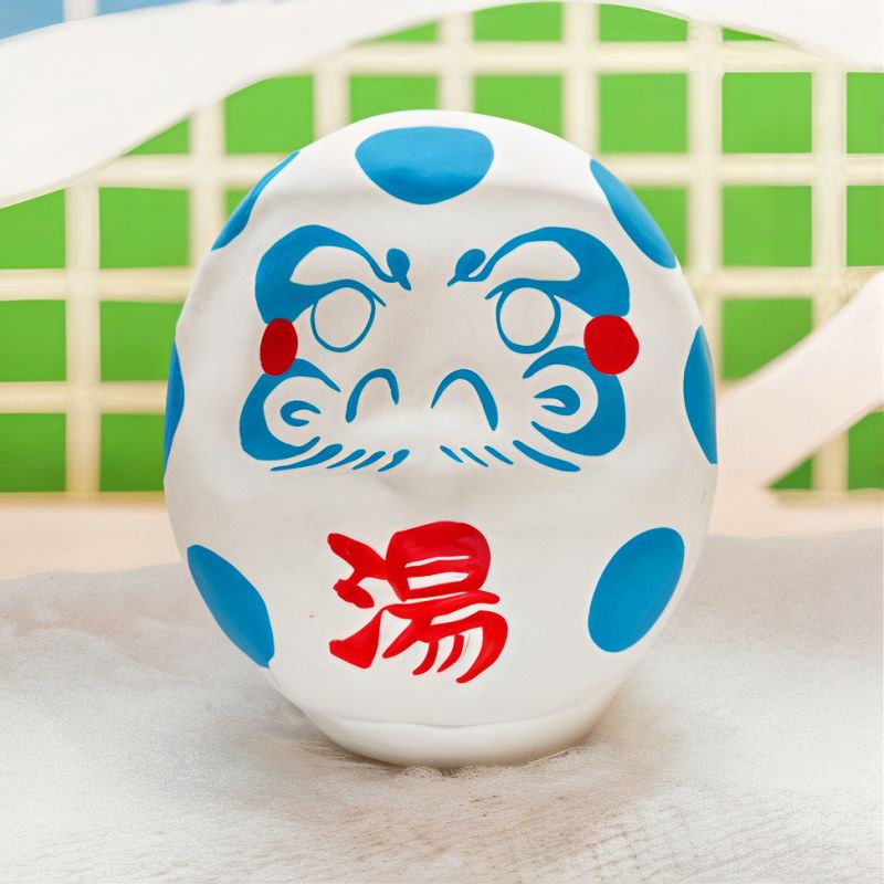 Bambola giapponese, DARUMA nelle sorgenti termali, blu e bianco, Onsen