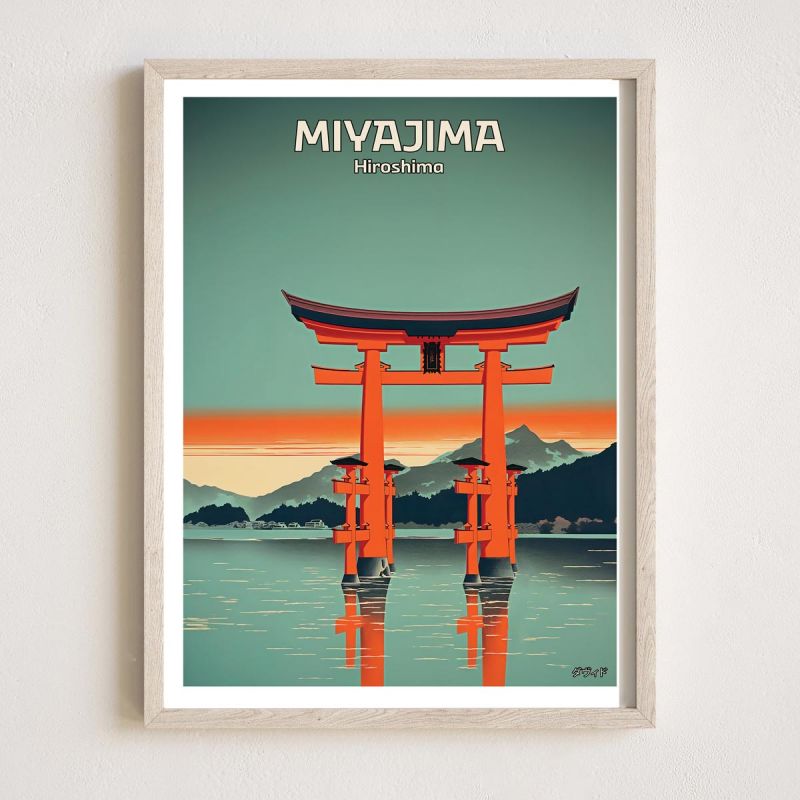 Japanisches Poster / Illustration „MIYAJIMA“ Die großen schwimmenden Torii (大鳥居) des Itsukushima-Schreins, by ダヴィッド