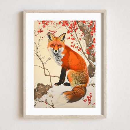 Japanese illustration "KITSUNE" fox in snow, by ダヴィッド