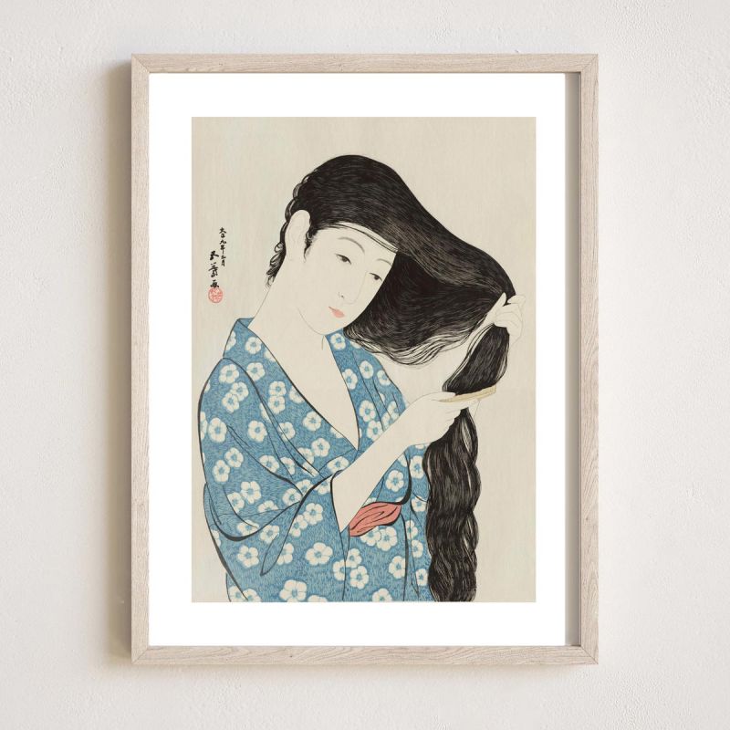 Reproduction d'estampe japonaise, Goyō Hashiguchi, Femme peignant ses cheveux