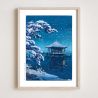 Riproduzione della stampa di Tsuchiya Koitsu, Snow on Mangetsu-ji Ukimidō sul lago Biwa