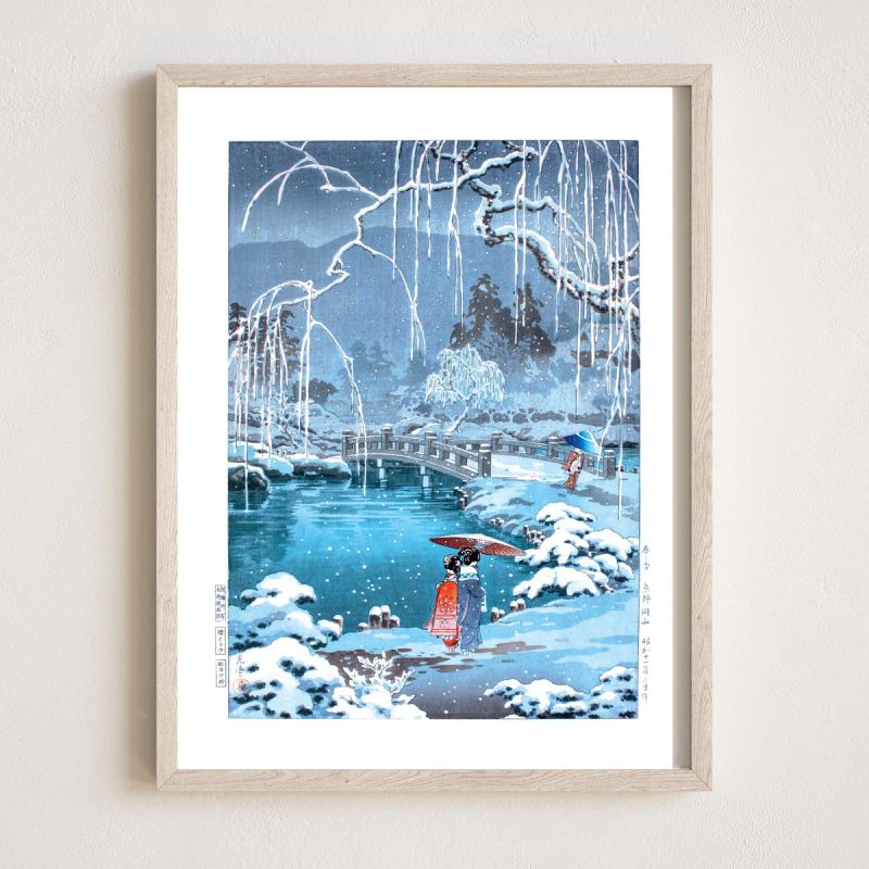 Reproduction of print by Tsuchiya Koitsu, Spring snow at Maruyama.