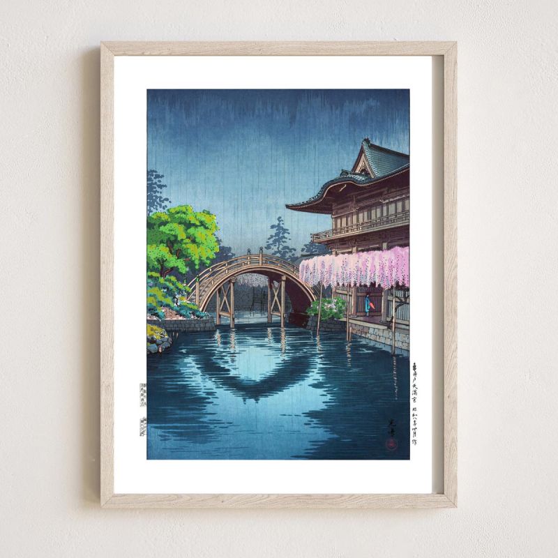 Reproduction of print by Tsuchiya Koitsu, Wisteria and half-moon bridge at Kameido.