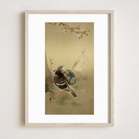 Reproduction d'estampe japonaise, Trois pigeons, OHARA KOSON