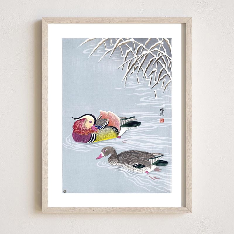 Japanese print, Two mandarin ducks and snow, OHARA KOSON