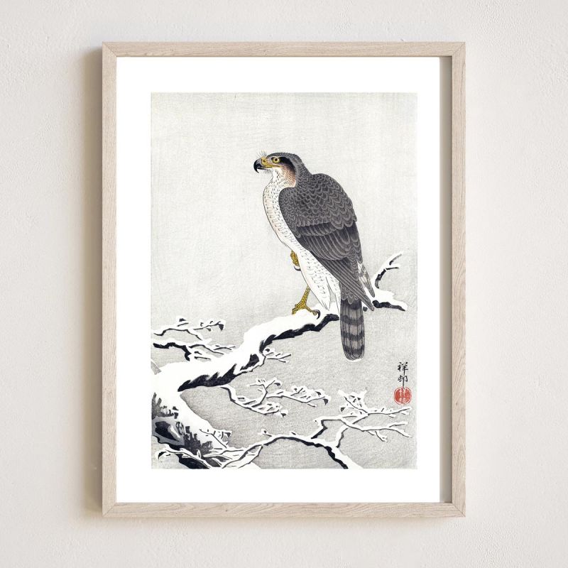 Japanese print, Falcon in the snow, OHARA KOSON