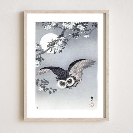 Reproduction d'estampe japonaise, Fleurs de cerisier et Hibou,OHARA KOSON