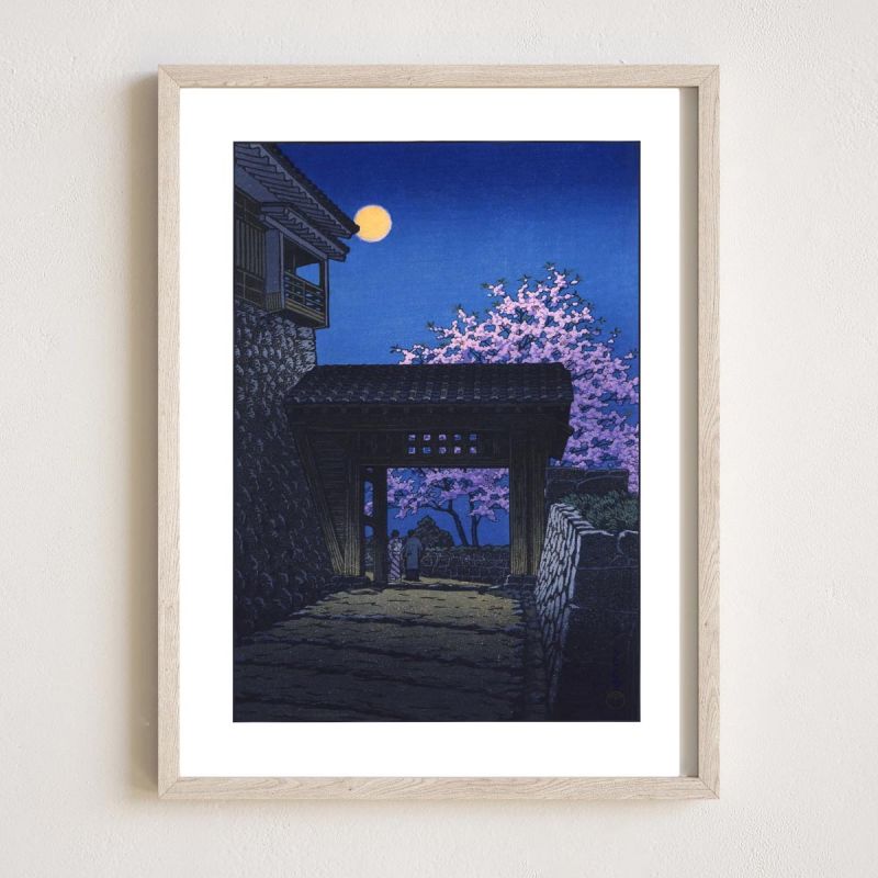 Reproduction d'estampe de Kawase Hasui, Pleine lune au-dessus du château de Matsuyama, Matsuyamajo meigetsu