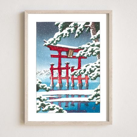 Reproduction d'estampe de Kawase Hasui, Miyajima dans la neige, Yuki no Miyajima