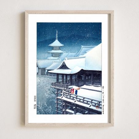 Reproduction d'estampe de Kawase Hasui, Neige de printemps au temple Kiyomizu à Kyoto, Haru no yuki, Kyo no Kiyomizu