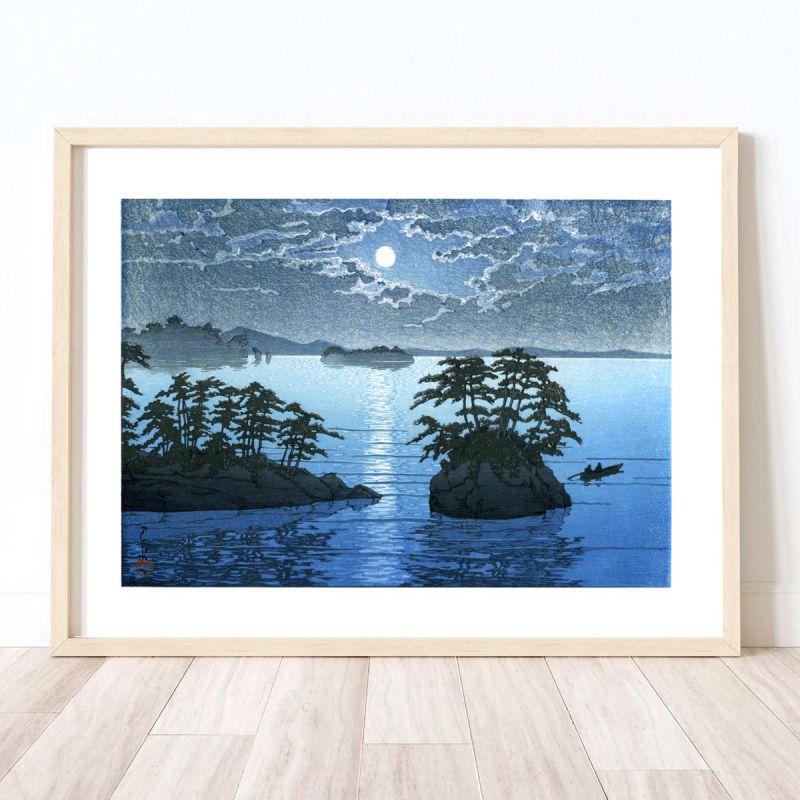 Reproduction d'estampe de Kawase Hasui, Clair de lune à Matsushima, Matsushima, Futagojima