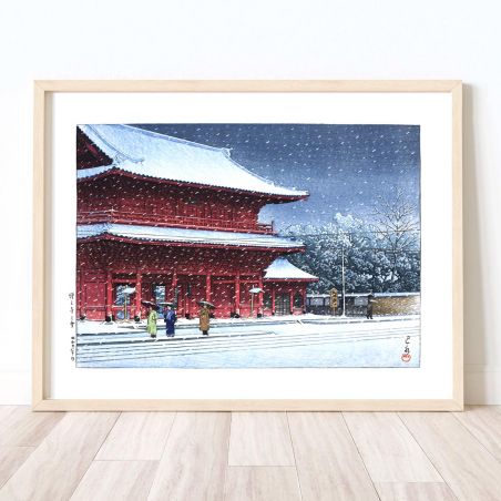 reproduccion impresa de Kawase Hasui, Nieve en el Templo Zojoji, Zojoji no yuki