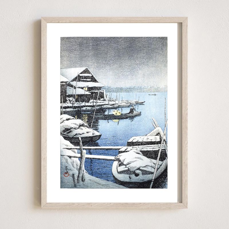 Reproduction d'estampe de Kawase Hasui, Neige à Mukojima, Yuki no mokojima