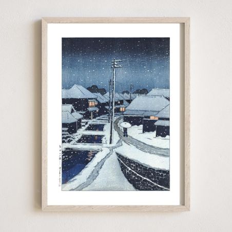 Kawase Hasui print reproduction, evening snow at Terashima village, yuki ni kure no terashima mura