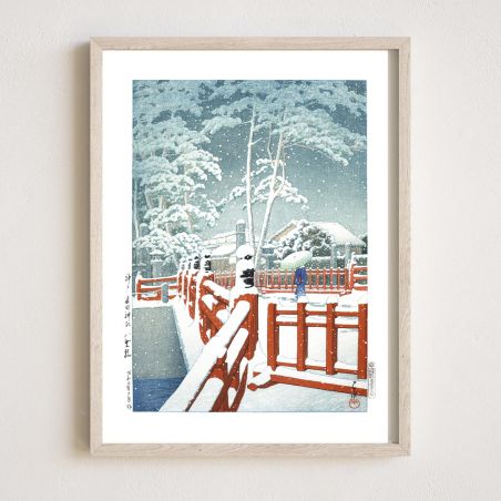 riproduzione a stampa di Kawase Hasui, Ponte Yakumo al Santuario di Nagata a Kobe, Kobe Nagata jinja Yakumobashi