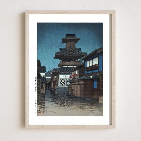 reproduccion impresa de Kawase Hasui, Campanario en Okayama, Okayama no kanetsukido