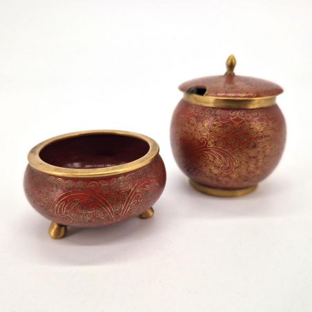 Duo de boîtes en émaux cloisonnés rouge et doré - Accessoires pour la cérémonie de l’encens