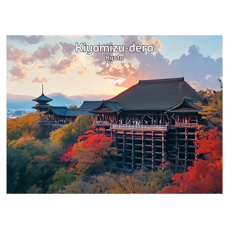 Ilustración japonesa del templo Kiyomizu o Kiyomizu-dera en Kioto, por ダヴィッド