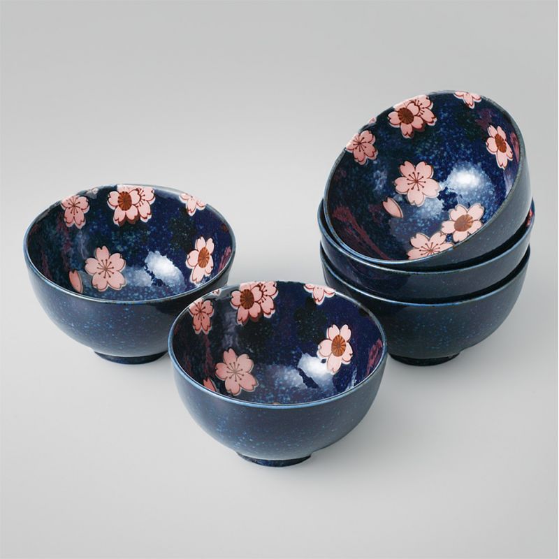 Set of 5 Japanese dark blue ceramic rice bowls - SAKURA