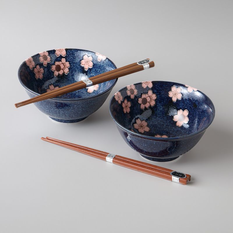 Set de 2 bols ramen japonais en céramique avec baguettes SAKURA bleu et rose