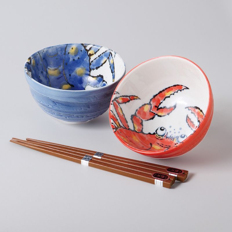 Set of 2 blue and red japanese ceramic bowls - crabs design - KANI