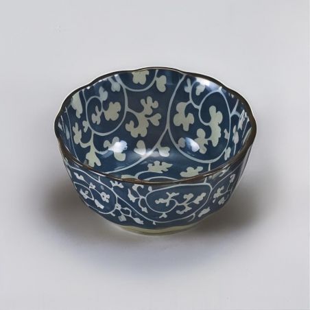 Small blue Japanese ceramic rice bowl, arabesque pattern - ARABESUKU