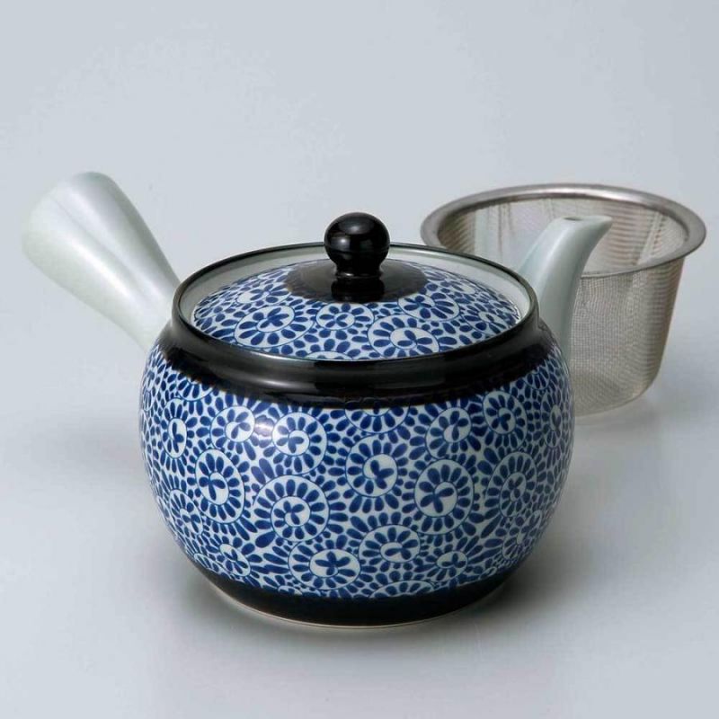 Japanese white and blue ceramic kyusu teapot, ARABESUKU, 460 cc