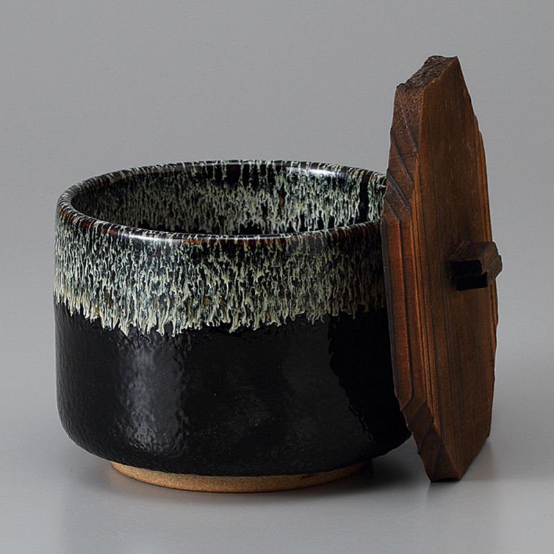 Japanese ceramic bowl with wooden lid, YUZU TENMOKU