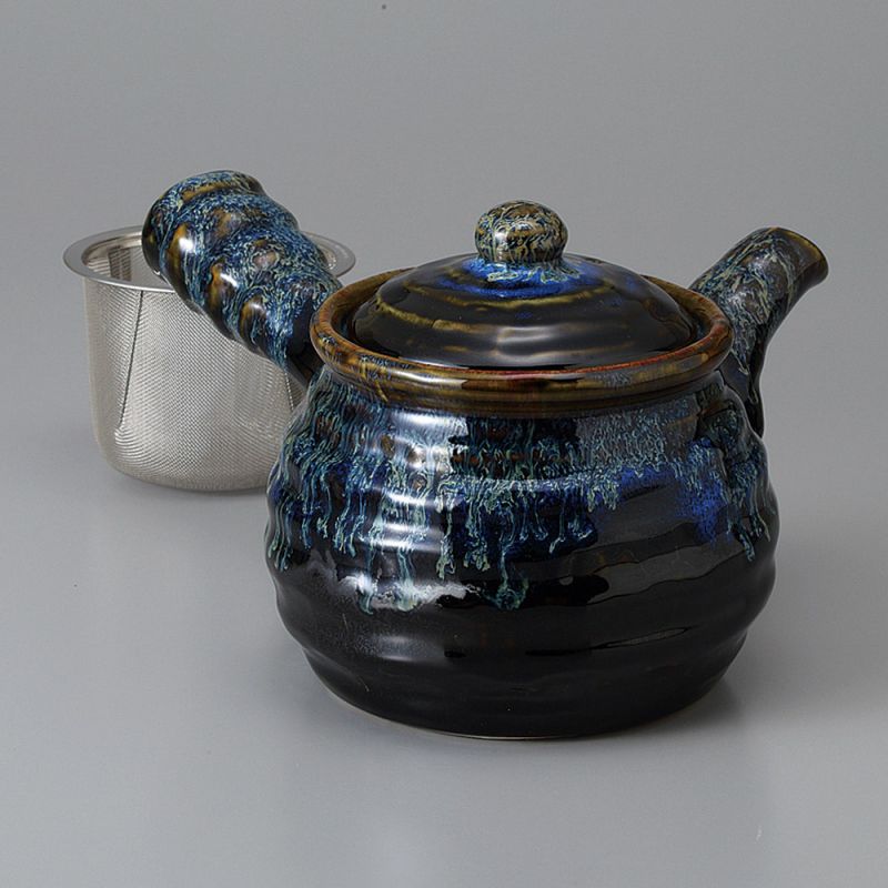 Japanische Kyusu-Teekanne aus blauer Keramik, TENMOKU SEIRYU, 1200 cc